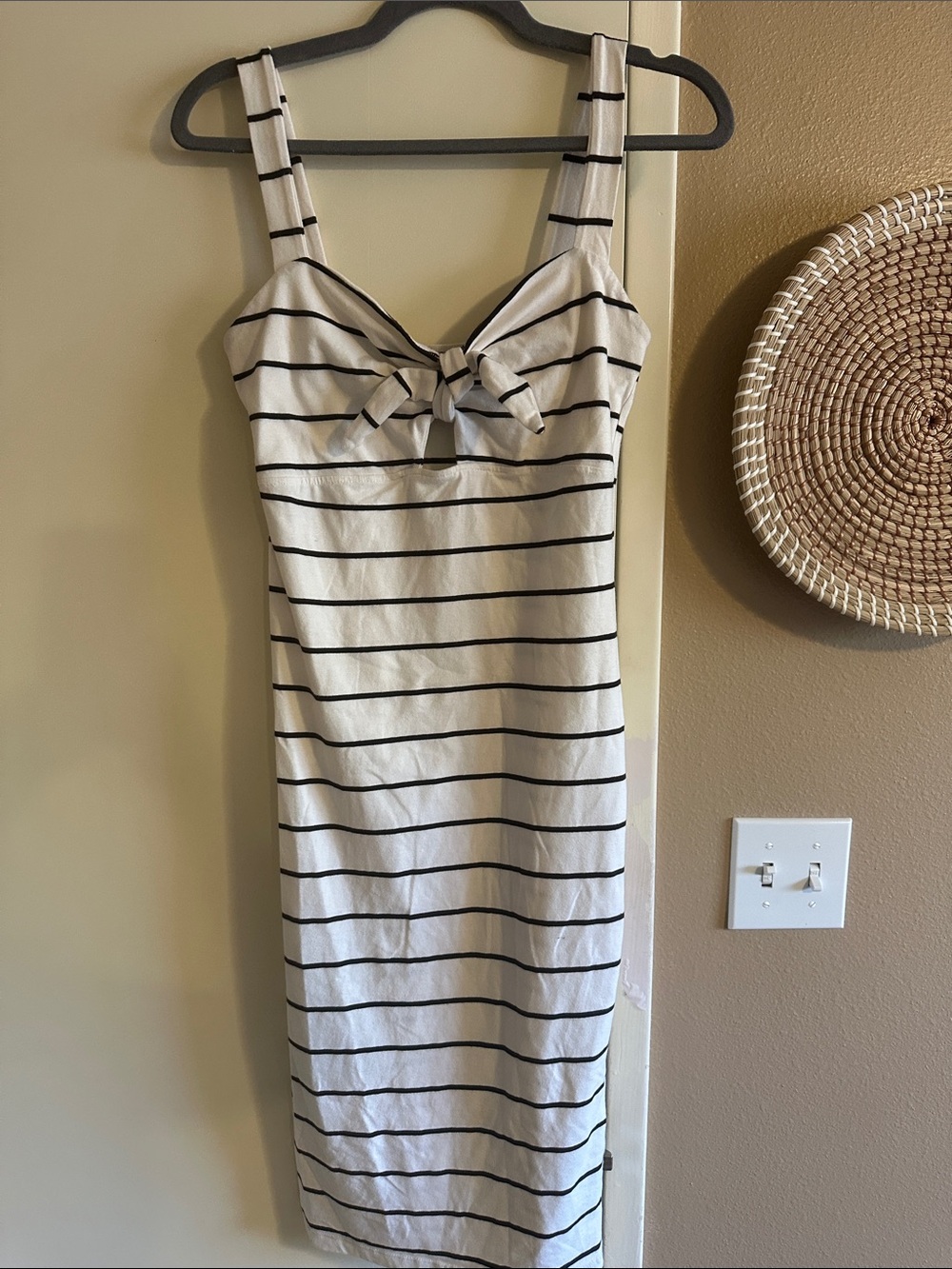 Striped Tie-Front White and Black Midi Dress